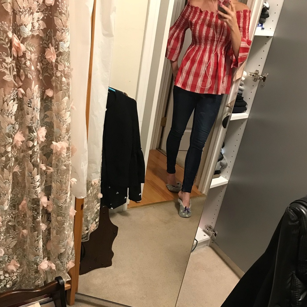 Zara red and white off shoulder blouse